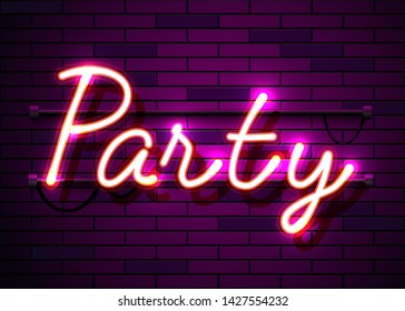 Neon sign, the word Party on dark background. Night life Background for your design, greeting card, banner. Vector illustration