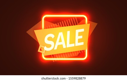 Neon sign, the word Sale on dark background. Discount Background for your design, greeting card, banner. Vector illustration