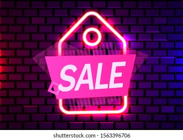 Neon sign, the word Sale on dark brick wall background. Discount Background for your design, greeting card, banner. Vector illustration