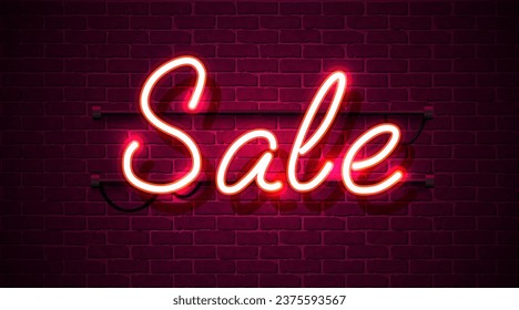 Neon sign, the word Sale on dark brick wall background. Discount Background for your design, greeting card, banner. Vector illustration