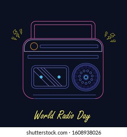 Neon sign of World Radio Day celebration with a radio, isolated in navy blue background