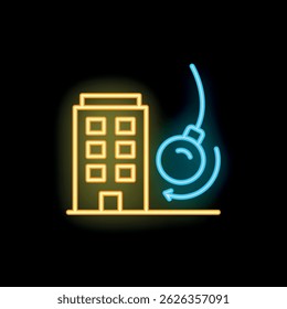 Neon sign of a wrecking ball swinging towards a building on a black background