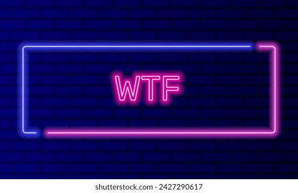 Signo de neón wtf en el marco de la burbuja del discurso en el vector del fondo de la pared del ladrillo. Banner de luz en el fondo de la pared. Wtf botón qué mierda, plantilla de diseño, letrero de neón de la noche