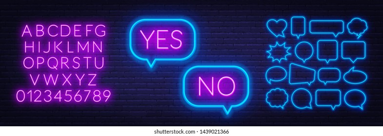 Neon sign yes and no. Set of neon speech bubbles and the alphabet on a dark background. Template for design.