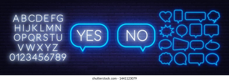 Neon sign yes and no. Set of neon speech bubbles and the alphabet on a dark background. Template for design.