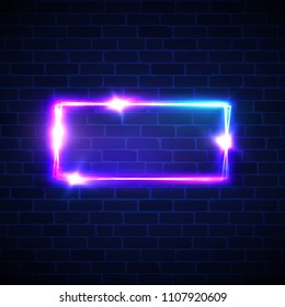 Neon signage. Rectangle frame with glowing. Electric bright 3d street sign banner on dark brick texture wall. Abstract square background with neon lights flare and sparkle. Vintage vector illustration