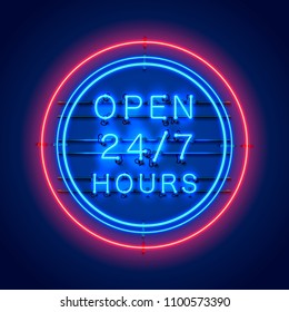 Neon signboard 24 7 open hours time. Vector illustration