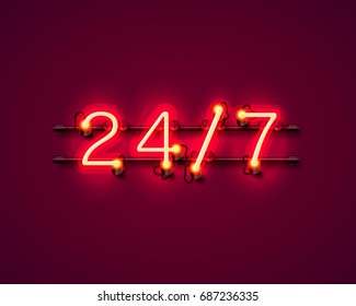 Neon signboard 24 7 open time. Vector illustration