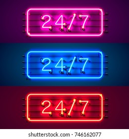 Sinalização de neon 24 7 conjunto de cores de tempo aberto. Ilustração vetorial