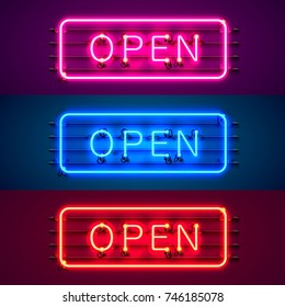 Neon signboard 24 7 open time color set. Vector illustration