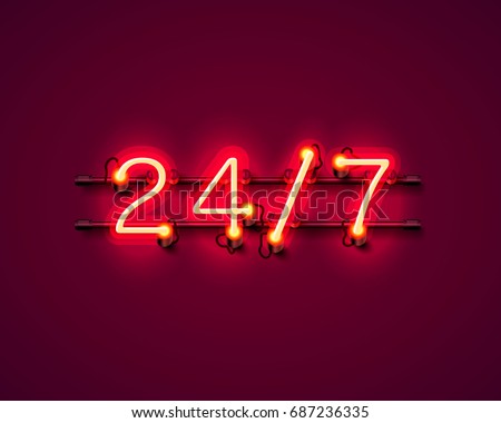 Neon signboard 24 7 open time. Vector illustration