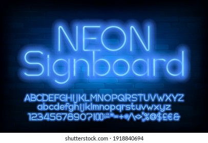 Neon Signboard alphabet font. Blue neon light simple letters, numbers and punctuation. Uppercase and lowercase. Stock vector typescript for your design.