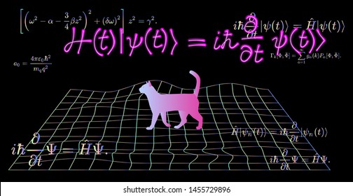 Neon signboard of Erwin Schroedinger (or Schroedinger) equation. Conteptual illustration of thought experiment, where cat is both alive and dead due to quantum mechanics laws of superposition.