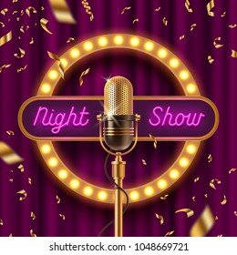 Neon signboard, fame with light bulbs and Retro microphone on stage gainst the purple curtain and falling golden confetti. Vector illustration.