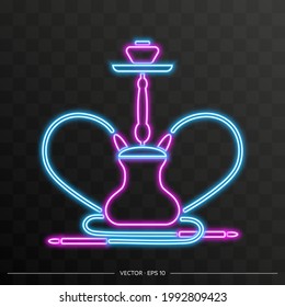 Neon signboard of hookah. Neon sign hookah for lounge cafe emblem, arabian bar, shop. Vector Illustration.