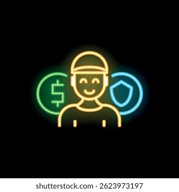 Neon signboard illustrating a delivery man smiling surrounded by a dollar and a shield icons