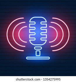 Neon signboard with microphone . Nightclub with live music icon. Vector illustration.