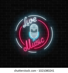 Neon Signboard With Microphone In Round Frame. Nightclub With Live Music Icon. Glowing Street Sign Of Bar With Karaoke. Sound Cafe Icon. Rock Show Poster. Vector Illustration.