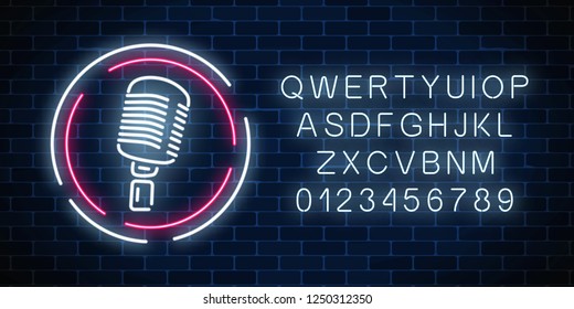 Neon signboard with microphone in round frame with alphabet. Nightclub with live music icon. Glowing street sign of bar with karaoke and live singers. Rock show poster. Vector illustration.