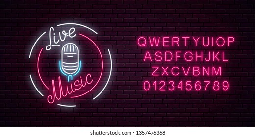 Neon signboard with microphone in round frame with alphabet. Nightclub with live music icon. Glowing street sign of bar with karaoke. Sound cafe icon. Rock show poster. Vector illustration.