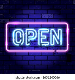 Neon signboard open framed. Bright night signboard on brick wall sign. Vector illustration realistic neon icon
