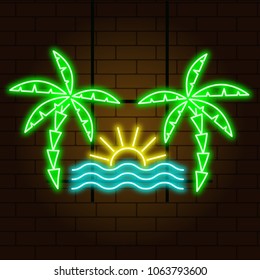 Neon signboard of a palm tree, waves and the sun. Against the background of a brick wall. Vector illustration.