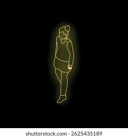 Neon signboard style illustration of a young woman walking away, designed with yellow neon light lines on a black background