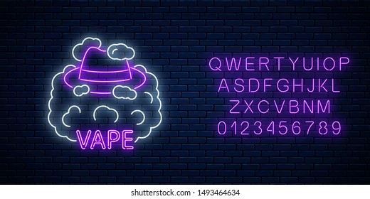 Neon signboard of vape shop or club with alphabet on dark brick wall background. Glowing neon sign with man hat in vape smoke. Vaping shop symbol. Vector illustration.