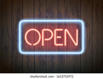 Neon signboard with word open on wooden background. Vector illustration.