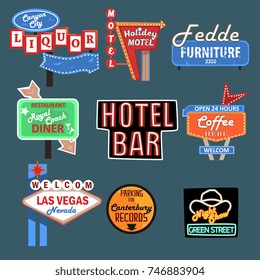 Neon signboards, billboards, light boxes and road signs set of vector Illustrations