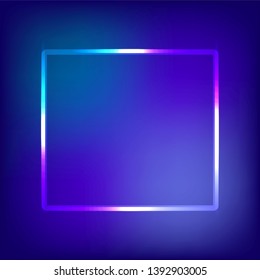 Neon sign.Rectangle glowing light banner with blank space. Electric rectangle frame on dark blue and pink  background.Neon right-angled background with flares and sparkles. Vintage vector illustration