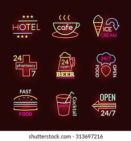 Neon signs of beer pub hotel and pharmacy set isolated vector illustration