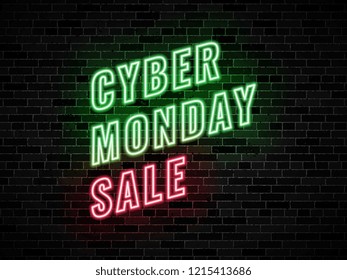 neon signs for cyber monday sale on dark brick wall background. easy to edit and customize vector illustration for greeting cards, posters, invitations, brochures. eps10