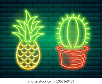 Neon signs and icons. Cactus and pineapple, tropical plants, palm trees and leaves. Set of Night bright signboard, Glowing light banner. Summer logo. Editable vector.