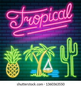 Neon signs and icons. Cactus and pineapple, tropical plants, palm trees and leaves. Set of Night bright signboard, Glowing light banner. Summer logo. Editable vector.