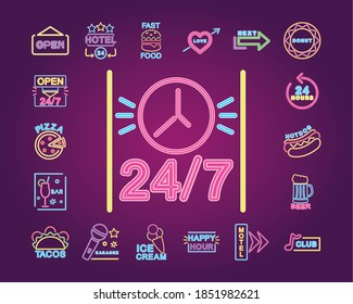 neon signs icons set over purple background, vector illustration