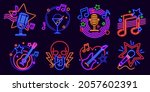 Neon signs for karaoke club and stand up comedy show. Music party night glowing logo with microphones and note. Karaoke bar event vector set. Nightlife signboards with electric guitar and scull