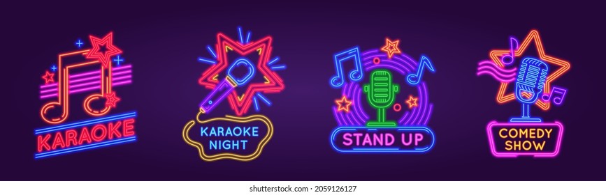 Neon signs for karaoke club and stand up comedy show. Music and song singing party night glowing logos. Karaoke bar event poster vector set. Nightlife street illuminated signboards