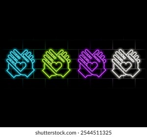 Neon signs Love and care. An illuminated sign with a hand with a heart. Trendy modern design neon signs, bright night advertising, light banners and installations in light art style..