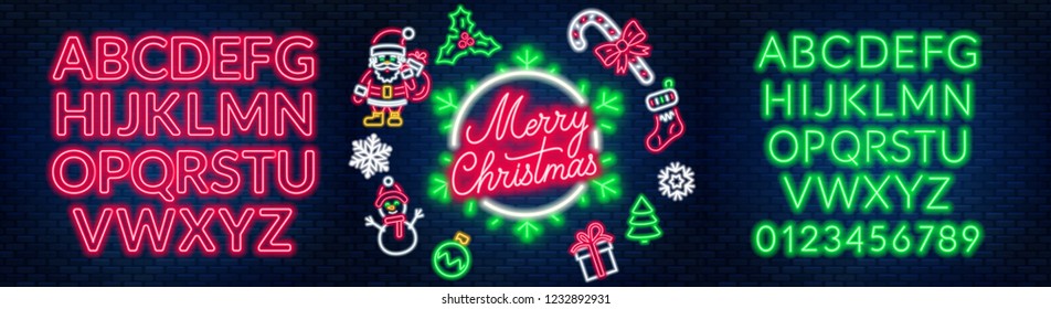 Neon signs of merry christmas, santa claus, snowman, gift, mistletoe, sweet cane, sock and others. Two alphabets on a dark background.