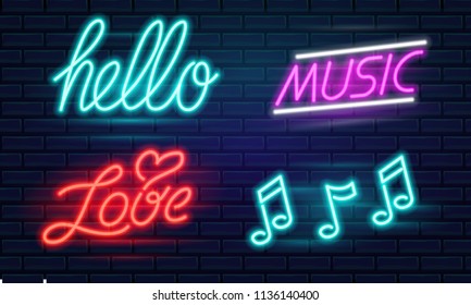 Neon signs for Music club or bar, notes, words hello and love done in realistic style. Light effect for wall or table. Concept for your design