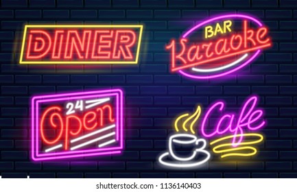 Neon Signs For Music Club Or Karaoke Bar, Open Daily 24 Hours, Cafe Lettering With Coffee Cup And Diner Roadside Sign