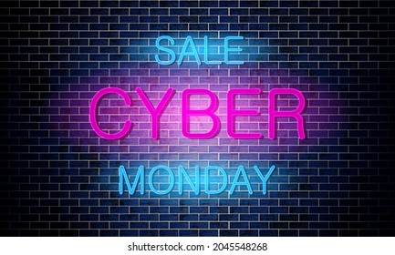 Neon signs on brick for cyber monday, vector art illustration.