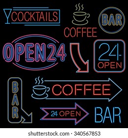 Neon  signs set. Different neon lights Open, Bar, Coffee and 24 hours titles. Vector illustration