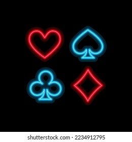 Neon signs set of Suits of playing cards. Card suits, Poker, Blackjack neon icons. Glowing casino signboard. Aces Playing Cards symbols with  Glowing Neon Lights on black background