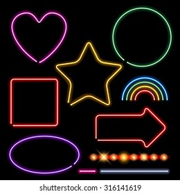 Neon signs set vector illustration - assorted forms and light bulbs border. Heart circle square star rainbow arrow designs.