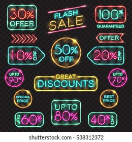 Neon signs set. Vector price tags, labels for promotion, sales banner, offers, shop price, frames in neon lights style.