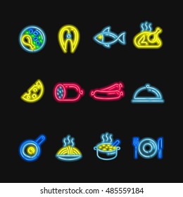 Neon Signs. The Symbols Of Different Food, Fish And Meat On A Dark Background.