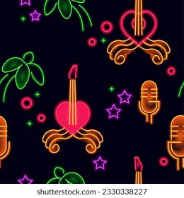 Neon signs and symbols of night life club or karaoke. Old retro microphone and palm tree, violin string instrument. Seamless pattern, wallpaper background or print. Vector in flat style illustration