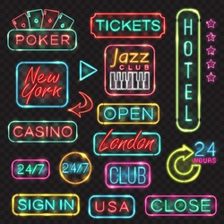 Neon Signs. Vector Neon Lights Illustrations Icons For Poker, Casino, London, New York, USA, Sign In, Open, Hotel, Jazz Club Designs.